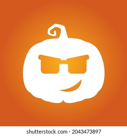 Halloween white happy scary pumpkin in flat style on orange background