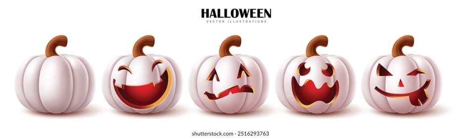 Halloween branco jack o lanterna abóboras definir design vetorial. Halloween abóboras elementos com expressões faciais como bonito, engraçado, assustador, assustador, assustador lanterna decoração. Ilustração vetorial 