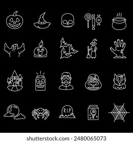 Halloween, white line icons. Halloween symbols and decorations. holiday and celebration themes. Symbols on black background. Editable stroke.