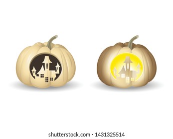 Halloween white pumpkins Jack o lantern - castle shape carved with and without lights - vector illustration isolated on white background
