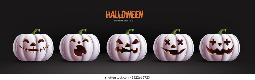 Halloween white pumpkins vector set design. Halloween pumpkins elements with  facial expressions like, cute, funny, spooky, creepy and scary for horror party squash collection. Vector illustration 