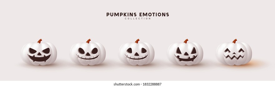 Halloween white Set of pumpkin for holiday. Realistic 3d white pumpkins with cut scary good joy smile. Collection of 3d objects. Design elements isolated on light background. Vector illustration