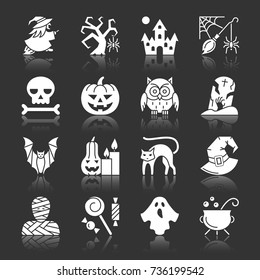 Halloween white silhouette with reflection icon set. Monochrome flat design vector illustration symbol collection. Simple graphic pictogram pack. Web, print, card, flyer, poster, office banner concept