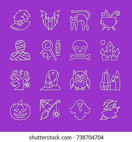 Halloween white thin line with shadow icon set. Vector linear symbol pack. Outline sign without fill. Simple pictogram graphic collection. Concept web, print, card, tag, banner, style element design