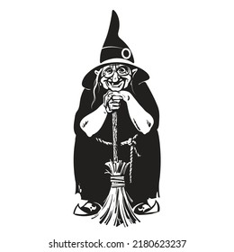 Halloween wicked but cute old witch holding broomstick in sketch style.   Cartoon old woman in witches hat and black dress with magic broom. Hand drawn vector illustration isolated on white background