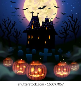 Halloween wicked house with pumpkins background - vector illustration.