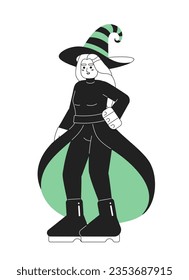 Halloween wicked witch monochromatic flat vector character. Woman halloween costume. Spooky fairytale. Editable thin line full body person on white. Simple bw cartoon spot image for web graphic design