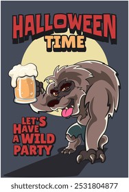 halloween wild wolf monster creature cartoon raise a large glass of beer inviting for a party in vintage style vector graphic poster for apparel prints, posters and other uses, work of hand drawn