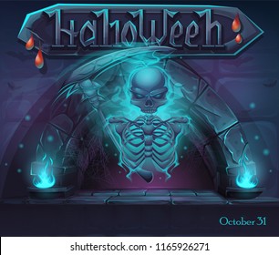 Halloween window with magic portal and skeleton. For web, video games, user interface, design.