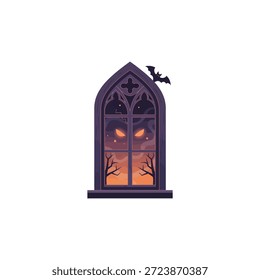 Arte vectorial de la escena de la ventana de Halloween. Incluye ojos brillantes espeluznantes y murciélago. Úsalo para tu decoración aterradora.