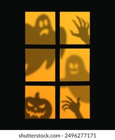 Halloween window silhouettes of ghosts, spooky pumpkin and zombie hands, cartoon vector background. Halloween horror night holiday boo ghosts or poltergeist with creepy pumpkin shadow behind window