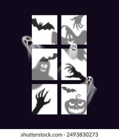 Halloween-Fenster Silhouetten. Realistische Geister und Monsterhände und Fledermäuse unheimliche Schatten. Gespenster, gruselige Arme, ätherische Formen tanzen in der Dunkelheit und werfen eine spinale Chilling-Stimmung in der gespenstischen Nacht