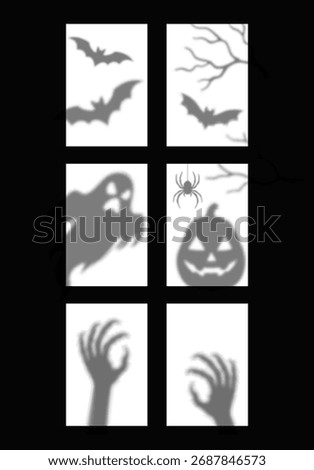 Halloween window silhouettes with spooky ghost shadow, pumpkin lantern, flying bats, tree branches, spider and creepy zombie monster hands. Halloween holiday vector window silhouettes of pumpkin face