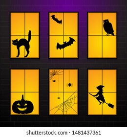 Halloween windows in house. Set Vector illustration of Halloween windows silhouette characters decoration background.