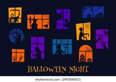 Halloween windows with scary silhouettes of monsters and zombie with pumpkins, cartoon vector. Halloween holiday or horror night party death, witch with broom and spooky ghosts silhouettes in windows