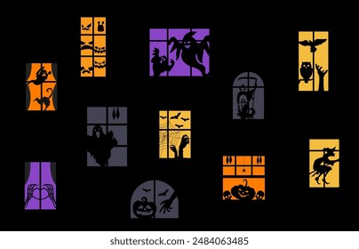 Halloween windows, scary, silhouettes. Vector haunted house facade with creepy and spooky pumpkin faces, witch, bats and skeleton, zombie hands, ghosts, black cat, cobwebs, and grim reaper with scythe