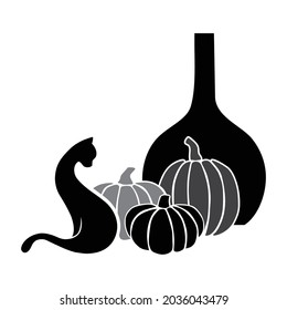 Halloween wine with pumpkins and cat, vector artwork