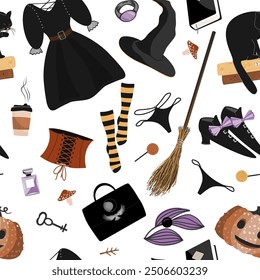 Halloween Witch accessories seamless pattern. Black dress, hat, boots, bag, broom, corset, and panties seamless pattern. Female witchcraft background