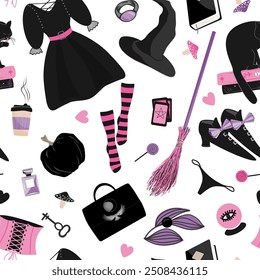 Halloween Witch accessories seamless pattern in pink and purple palette. Black dress, hat, boots, bag, broom, corset, and panties seamless pattern. Female witchcraft background