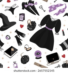 Accesorios de bruja de Halloween sin patrón. Vestido negro, sombrero, botas, bolso, corsé, guantes y bragas sin patrón. Fondo de brujería femenina.