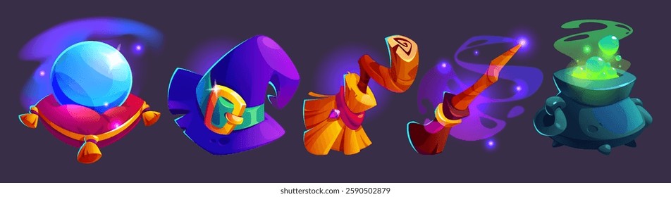 Halloween witch accessories set isolated on background. Vector cartoon illustration of magic fortunetelling ball, wizard hat, flying broomsticks, green potion boiling in old cauldron, spooky assets