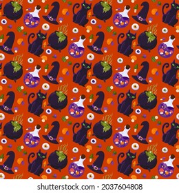 Halloween witch accessory seamless pattern vector. Hat and cat domestic animal, mushroom and eye ingredient for cooking and prepare potion. Autumn season holiday flat cartoon illustration