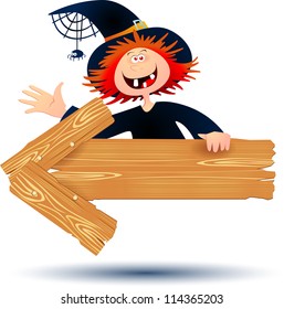 Halloween witch with arrow sign, vector