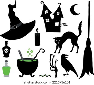 Halloween witch attributes set. Witchcraft. Various objects isolated on white background. Happy Halloween. Hand drawn vector illustration