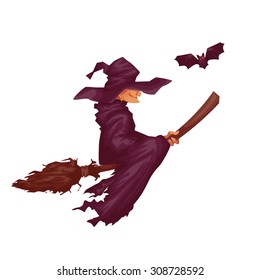 Halloween witch with bat flying to party. Vector illustration.