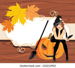 Halloween witch with a bat on the wooden background. Vector