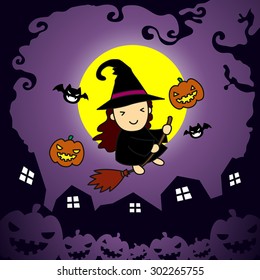 Halloween witch, bat and pumpkin head in night village on gradient violet background
