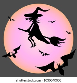 Halloween witch. Witch and bats flying in the full moon. Vector illustration