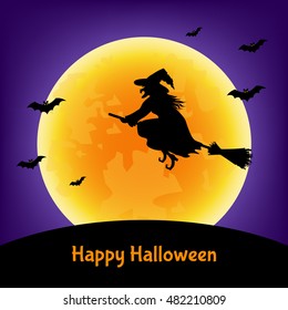 Halloween  witch,  bats  and moon background.  Vector  illustration  for  card, flyer or party  invitation.