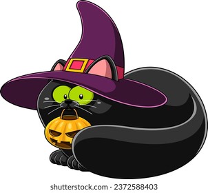 Halloween Witch Black Cat Cartoon Character. Vector Hand Drawn Illustration Isolated On Transparent Background