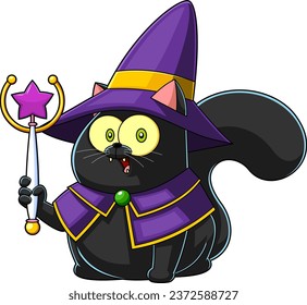 Halloween Witch Black Cat Cartoon Character Holding A Magic Wand. Vector Hand Drawn Illustration Isolated On Transparent Background