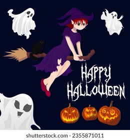 Halloween with a witch and a black cat flying on a broomstick, flying ghosts, and spooky burning pumpkins.