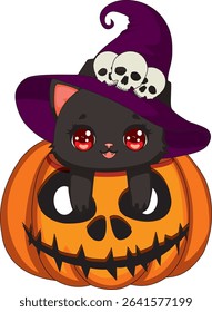 Halloween Witch Black Cat Inside The Pumpkin Vector