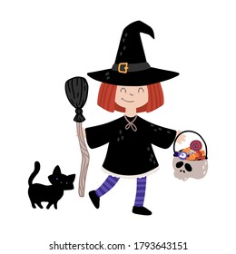 Halloween witch with a black cat. Kids costume party. Vector childish illustration of magic character with elements in simple cartoon hand-drawn style. The limited palette is ideal for printing.