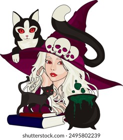 Halloween witch with black cat and magic pot vector