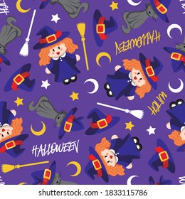 HALLOWEEN WITCH  AND BLACK CAT ON PURPLE BACKGROUND PATTERN