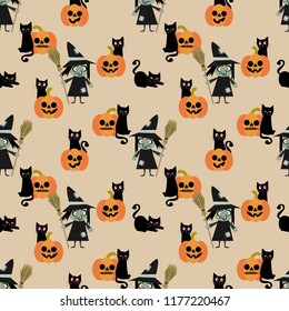 Halloween witch and black cat seamless pattern on vintage background.