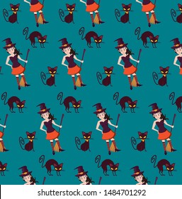 Halloween witch and black cats background cartoons pattern ,vector illustration graphic design.
