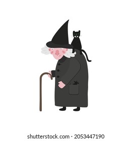 Halloween witch in a black cloak and hat. Cute witch with a black cat and a stick. Vector flat illustration.