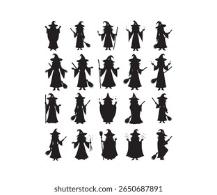 Halloween Witch Black Silhouette Icons, Spooky Character Set