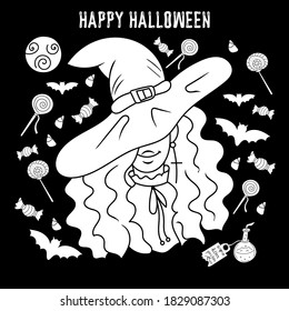 Halloween witch black and white, Happy Halloween card, invitation  trick or treat, isolated elements on black background, vector