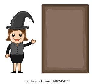 Halloween Witch with Blank Banner - Business Cartoon Characters