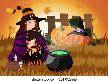 Halloween witch with boiling cauldron at Halloween night. Vector illustration. 