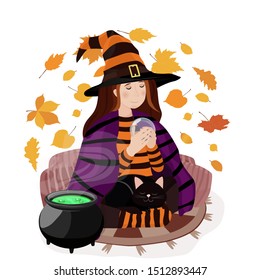 Halloween witch with boiling cauldron. Vector illustration. Isolated on a white background.