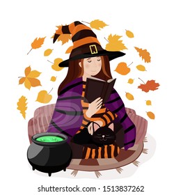 Halloween witch with boiling cauldron. Vector illustration. Isolated on a white background.