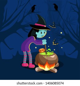 Halloween Witch with a boiling Pot in the dark forest with bats. Cute cartoonish style.